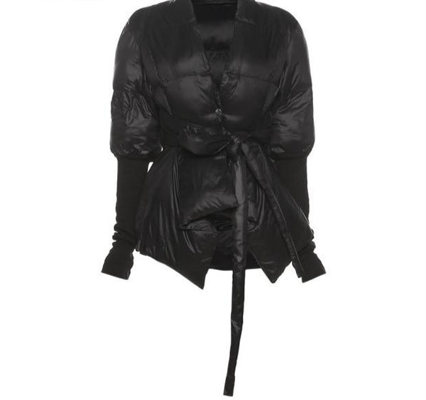 Women Fashion Black Belted Puff Jacket