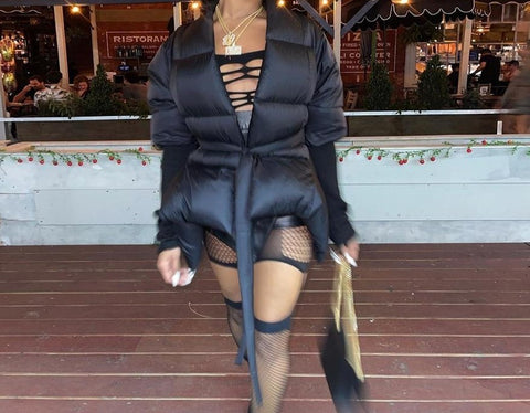 Women Fashion Black Belted Puff Jacket