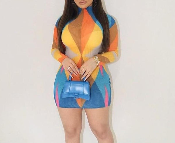 Women Long Sleeve Fashion Colorful Mini Dress