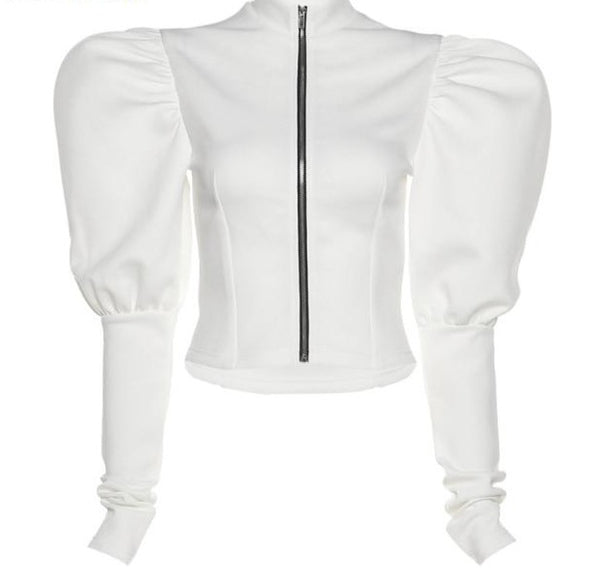 Women Fashion Puff Sleeve Solid Color Jacket