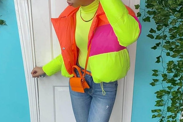 Women Fashion Neon Colorful Puff Crop Jacket