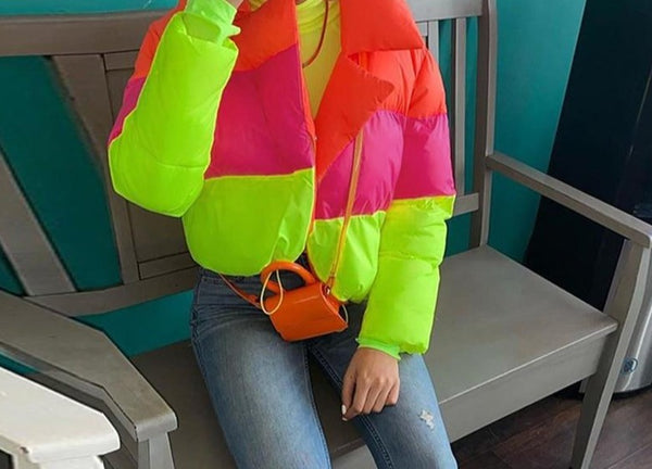 Women Fashion Neon Colorful Puff Crop Jacket