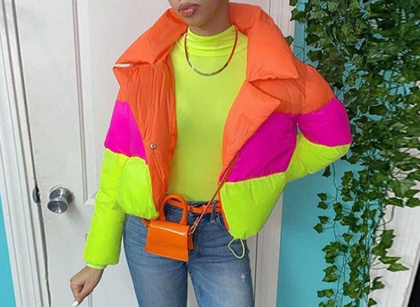 Women Fashion Neon Colorful Puff Crop Jacket