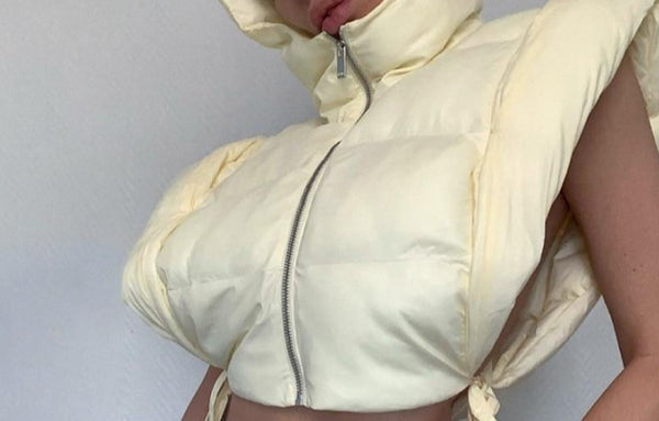 Women Puff Fashion Hooded Tie Up Vest