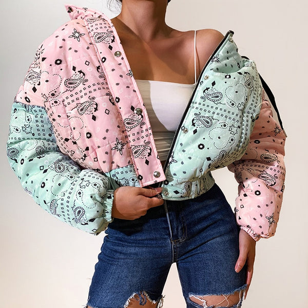 Women Fashion Color Patchwork Bandanna Print Puff Hooded Jacket