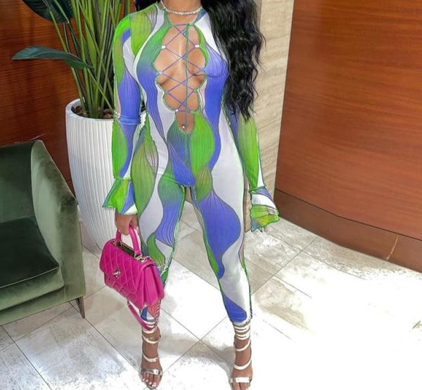 Women Colorful Print Sexy Cut Out Fashion Full Flare Sleeve  Jumpsuit