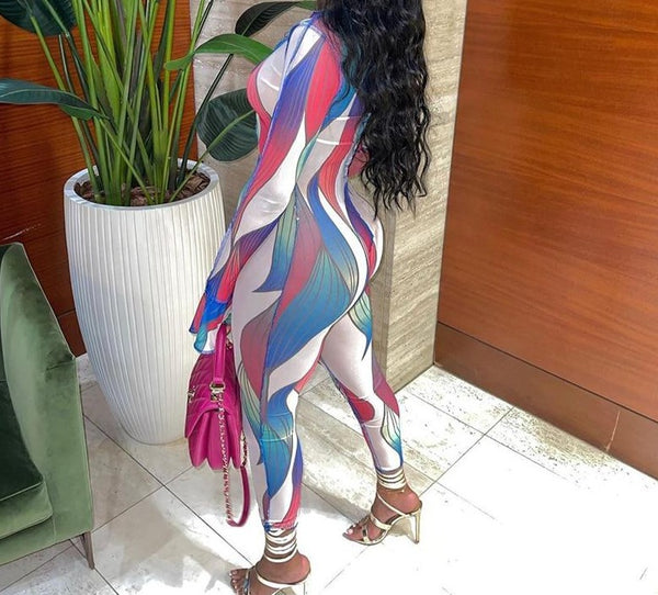 Women Colorful Print Sexy Cut Out Fashion Full Flare Sleeve  Jumpsuit