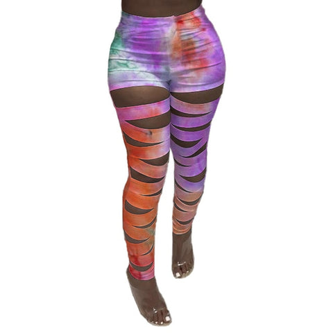 Women Fashion Tie Dye Cut Out Skinny Pants