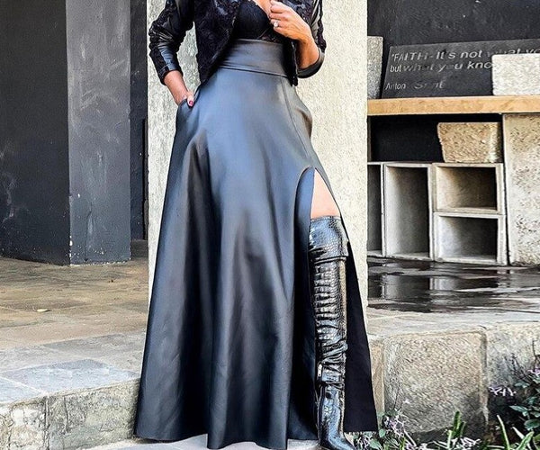 Women Sexy High Split PU Leather Maxi Skirt