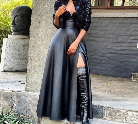 Women Sexy High Split PU Leather Maxi Skirt