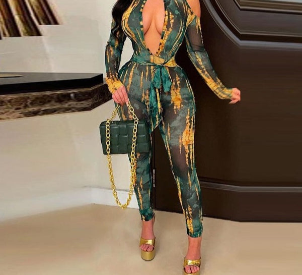 Women Fashion Cut Out Color Print Full Sleeve Jumpsuit