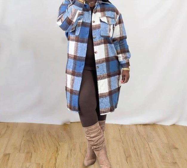 Women Plaid Fashion Button Up Trench Coat Jacket