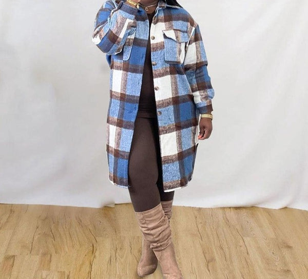 Women Plaid Fashion Button Up Trench Coat Jacket