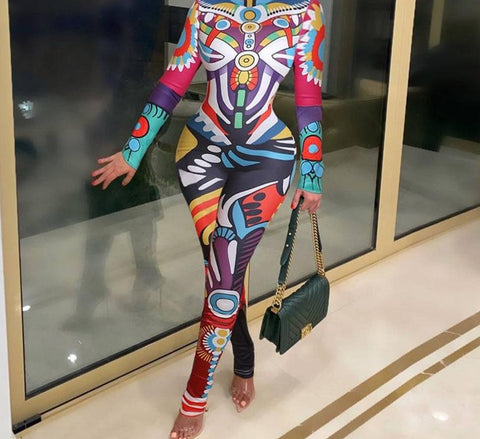 Women Colorful Printed Fashion Long Sleeve Jumpsuit