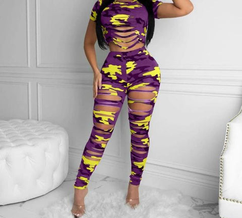 Women Fashion Two Piece Color Camouflage Ripped Pant Set