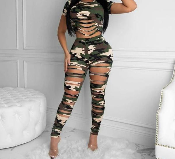 Women Fashion Two Piece Color Camouflage Ripped Pant Set