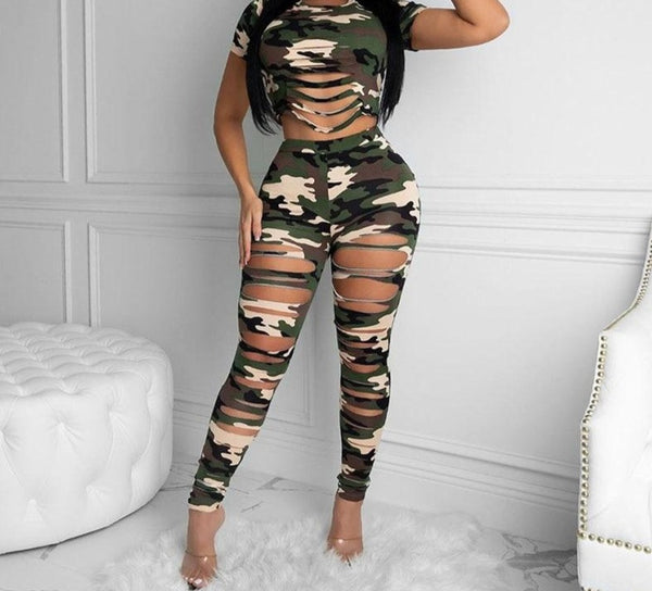 Women Fashion Two Piece Color Camouflage Ripped Pant Set