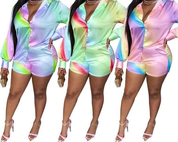 Women Fashion Rainbow Button Up Two Piece Short Set