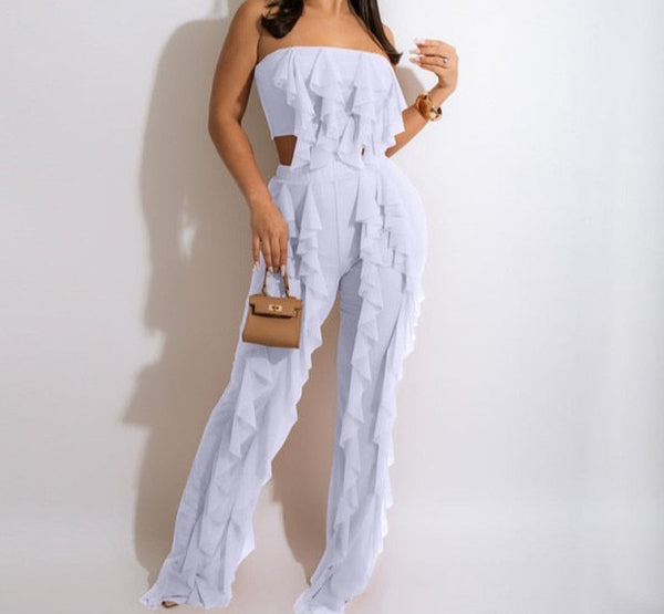 Women Sleeveless Solid Color Sexy Ruffled Two Piece Pant Set