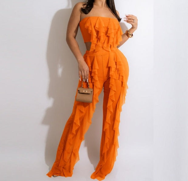 Women Sleeveless Solid Color Sexy Ruffled Two Piece Pant Set