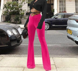 Women Fashion Sexy Two Piece Crop Lace Up Wide Leg Pant Set