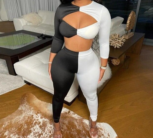 Women Sexy Black/White Color-Block Two Piece Pant Set