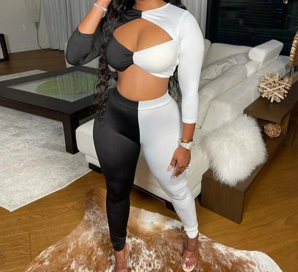 Women Sexy Black/White Color-Block Two Piece Pant Set
