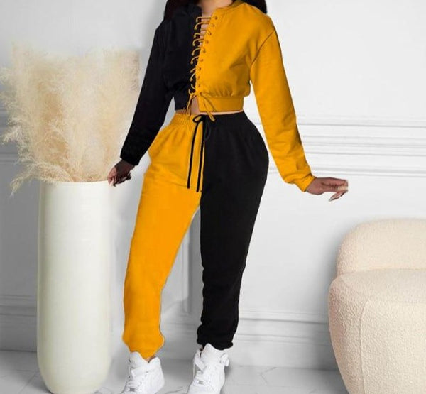 Women Color Patchwork Two Piece Lace Up Pant Set