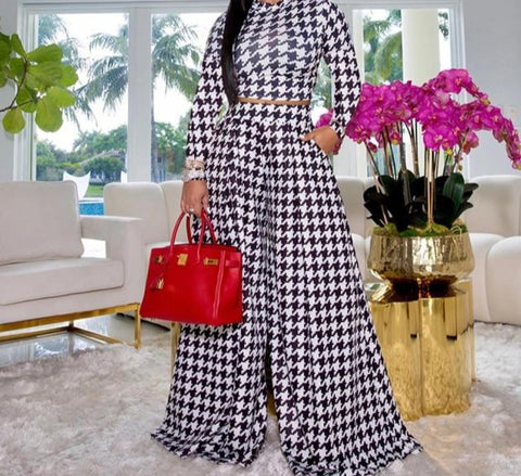 Women Two Piece Printed Fashion Long Sleeve Wide Leg Pant Set