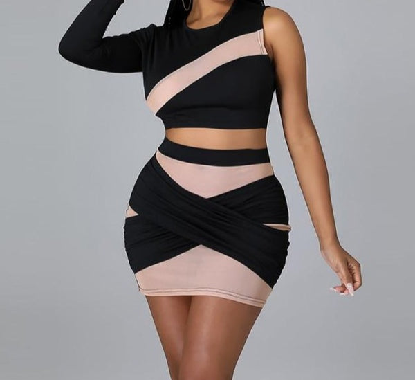 Women Two Piece Sexy One Shoulder Mesh Patchwork Skirt Set