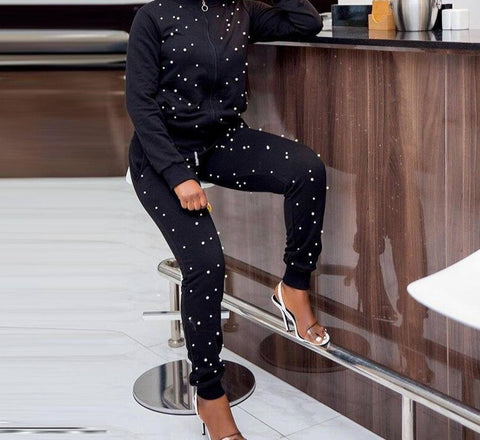 Women Fashion Pearl Beading Two Piece Tracksuit Pant Set