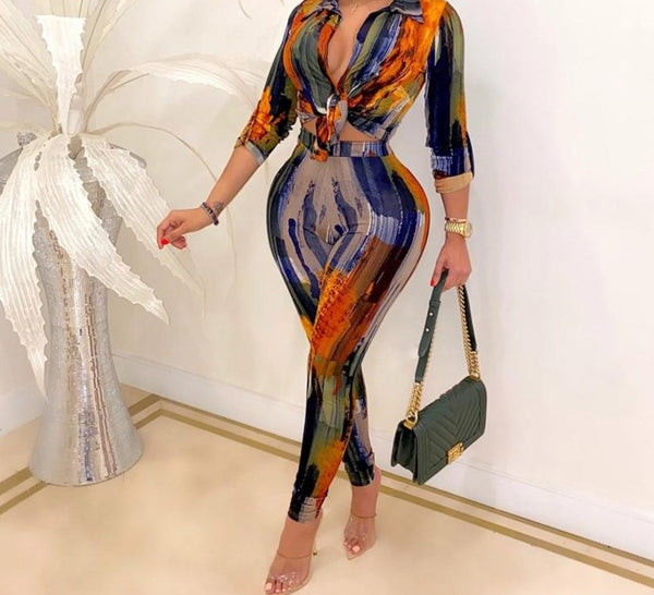 Women Fashion Multi-Color Print Two Piece Sexy Pant Set