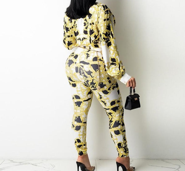Women Two Piece Button Up Vintage Print Fashion Pant Set