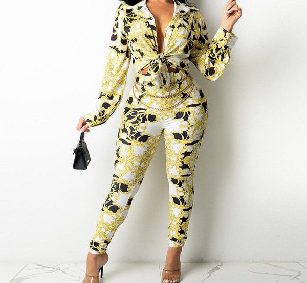 Women Two Piece Button Up Vintage Print Fashion Pant Set
