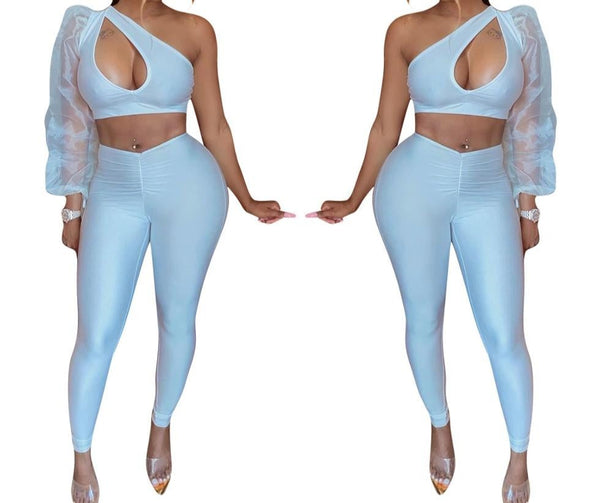 Women Sexy One Shoulder Two Piece Cut Out Pant Set
