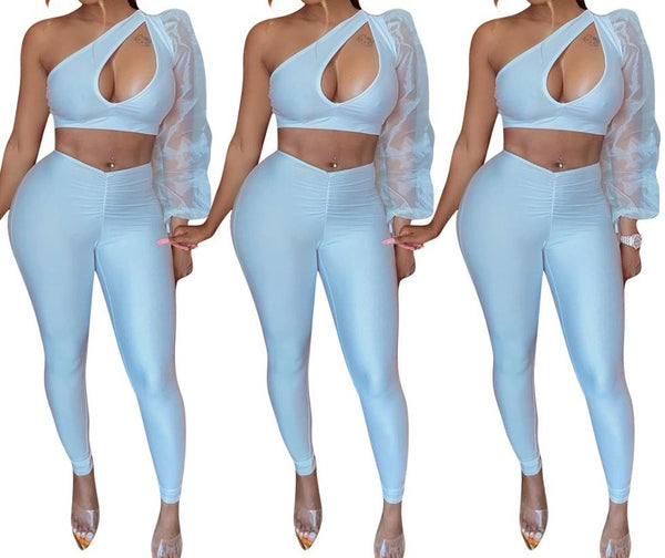 Women Sexy One Shoulder Two Piece Cut Out Pant Set