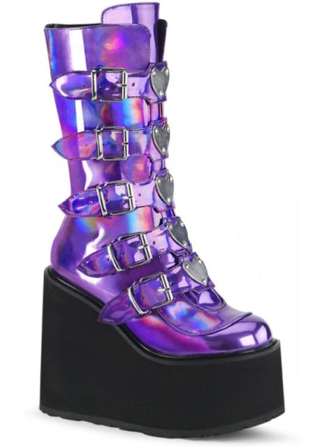Women Heart Buckled Thick Platform Fashion Mid-Calf Boots