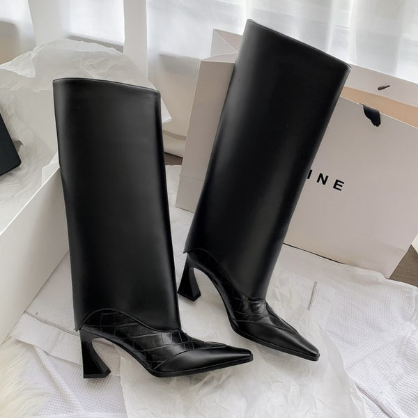 Women Fashion Genuine Leather Pointed Toe Knee High Boots