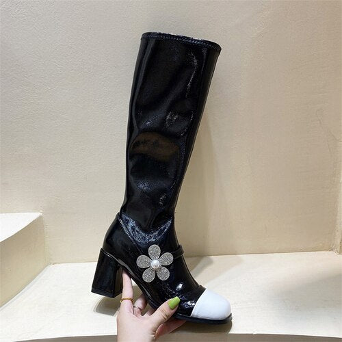 Women Fashion Round Toe Pearl Bling Flower Flat Boots