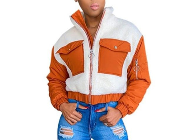 Women Color Fleece Patchwork Fashion Jacket