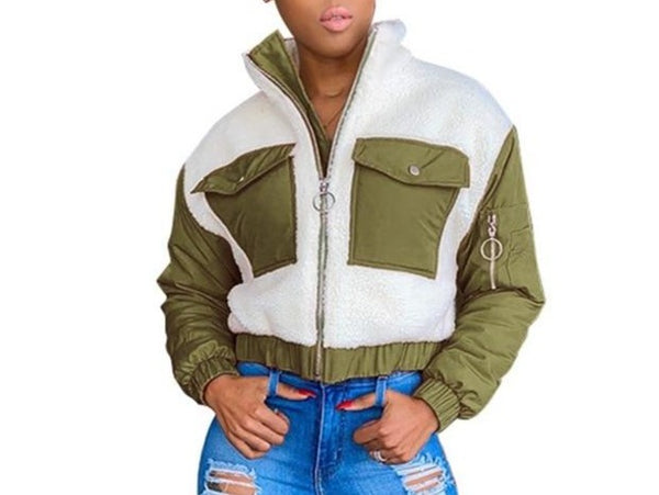 Women Color Fleece Patchwork Fashion Jacket