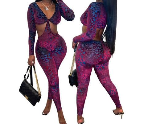 Women Sexy Multicolored Print Fashion Cut Out Jumpsuit