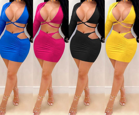 Women Sexy Wrap Long Sleeve Two Piece Skirt Set