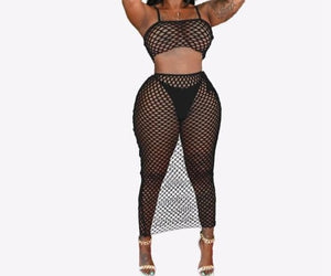 Women Sexy Black/White Mesh See Through Three Piece Swimwear Set
