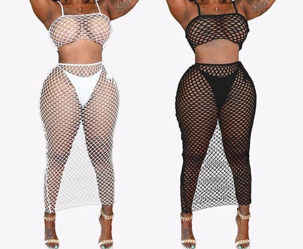 Women Sexy Black/White Mesh See Through Three Piece Swimwear Set