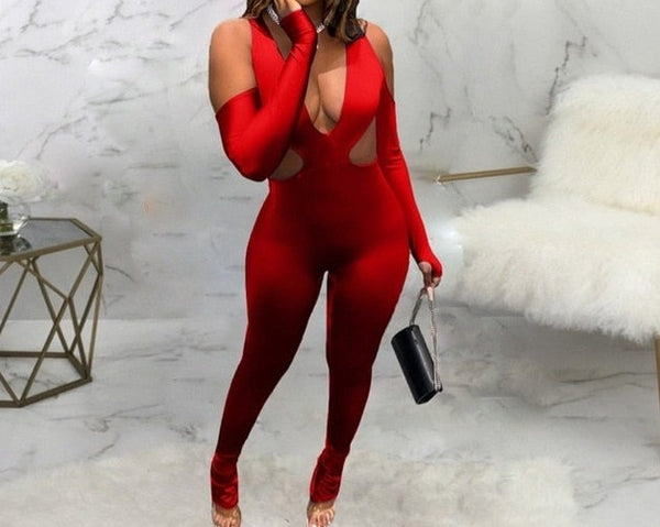 Women Sexy Halter Long Sleeve Cut Out Fashion Jumpsuit