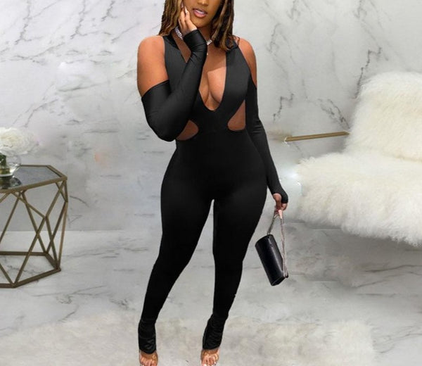 Women Sexy Halter Long Sleeve Cut Out Fashion Jumpsuit