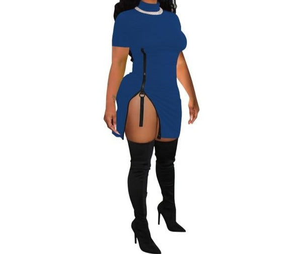 Women Short Sleeve Side Zipper Fashion Mini Dress