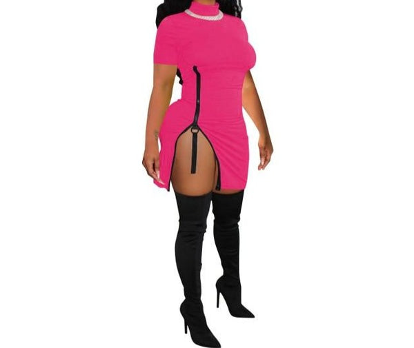 Women Short Sleeve Side Zipper Fashion Mini Dress