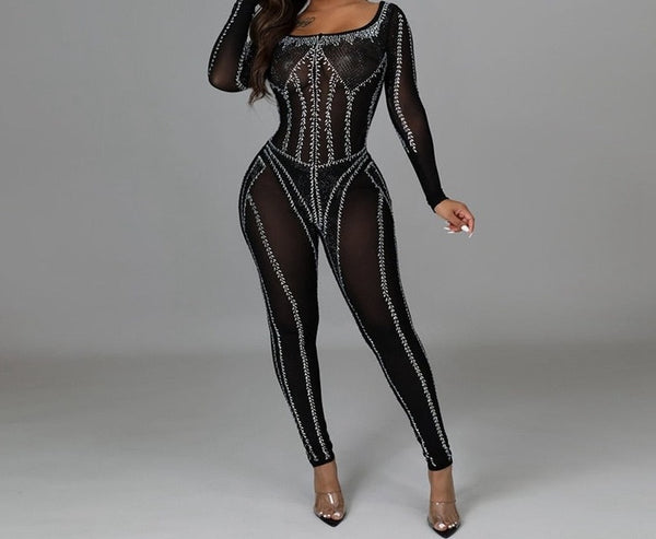 Women Mesh Bling Choker Sexy Fashion Long Sleeve Jumpsuit